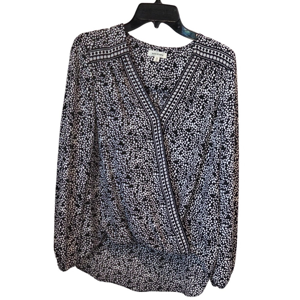 Max Studio XS Black White Print Long Sleeve Faux Wrap Blouse Top Workwear,office